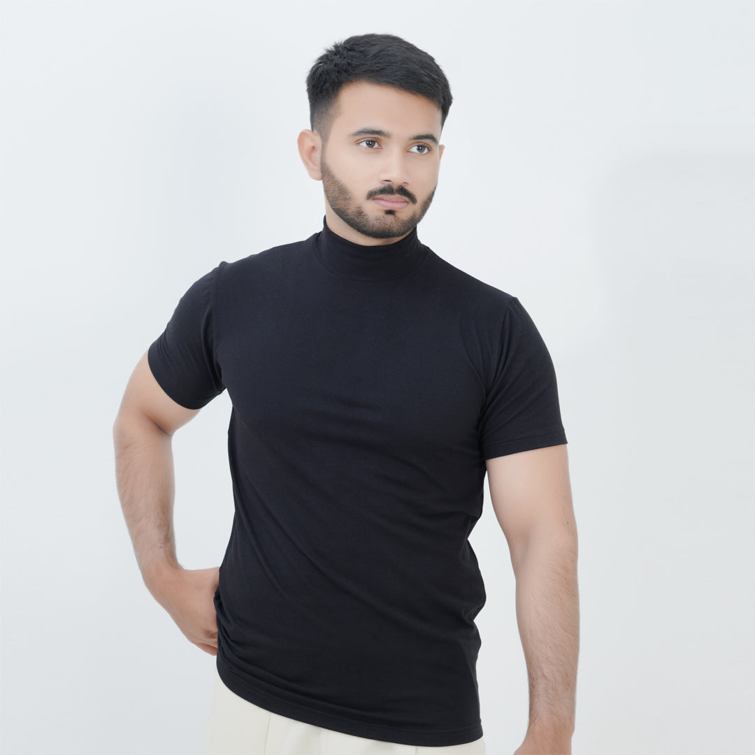 HALF TURTLE NECK THERMAL CASUAL T-SHIRT BLACK