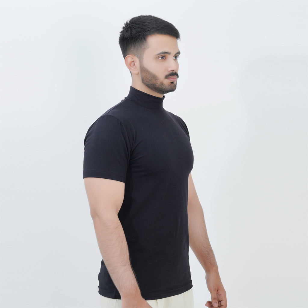 HALF TURTLE NECK THERMAL CASUAL T-SHIRT BLACK