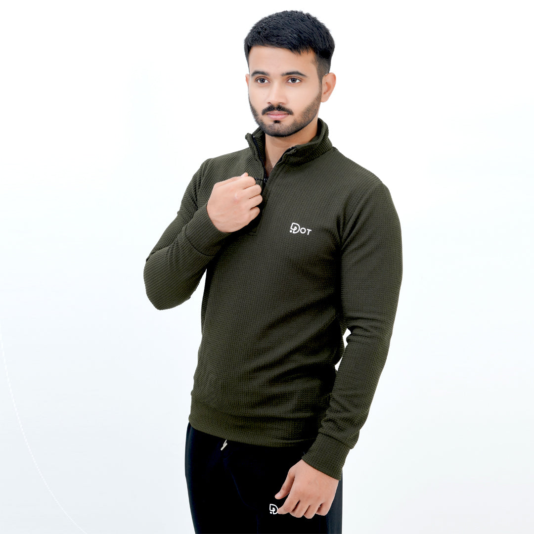 WAFFLE THERMAL MILITARY OLIVE PULLOVER HALF ZIPPER