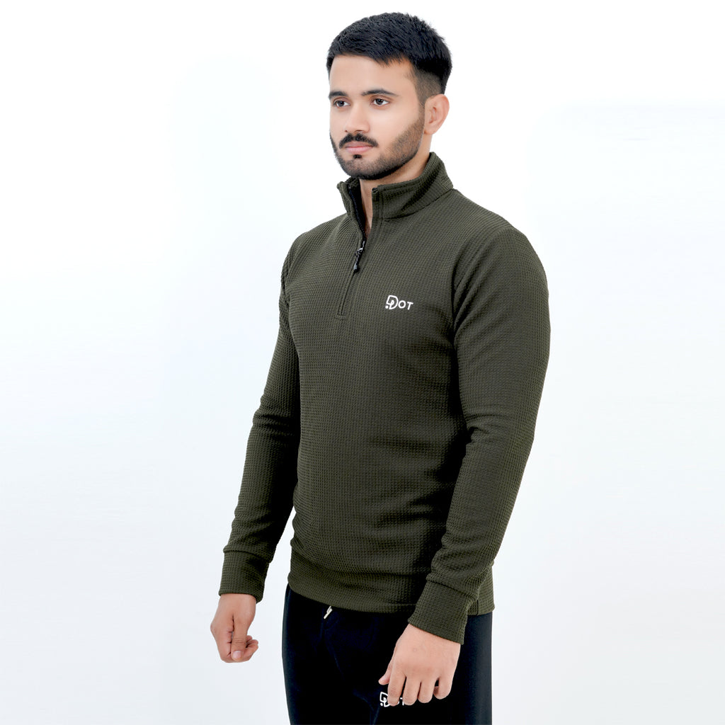 WAFFLE THERMAL MILITARY OLIVE PULLOVER HALF ZIPPER