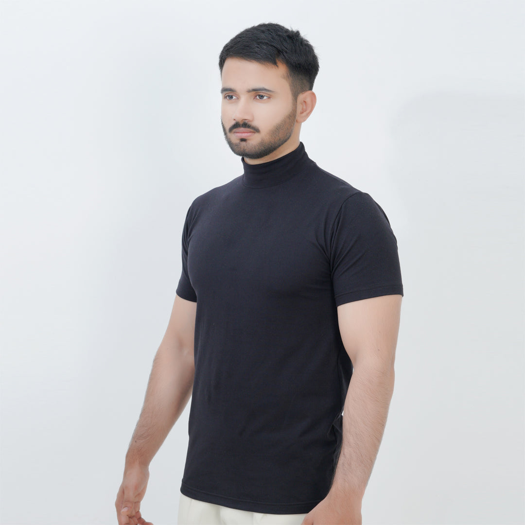 HALF TURTLE NECK THERMAL CASUAL T-SHIRT BLACK